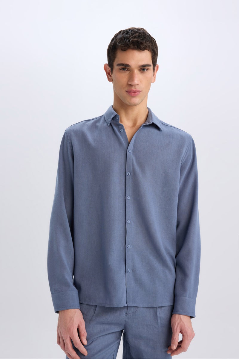 DeFacto Blue Man Regular Fit Polo Neck Linen Look Shirt Casual - Image 3